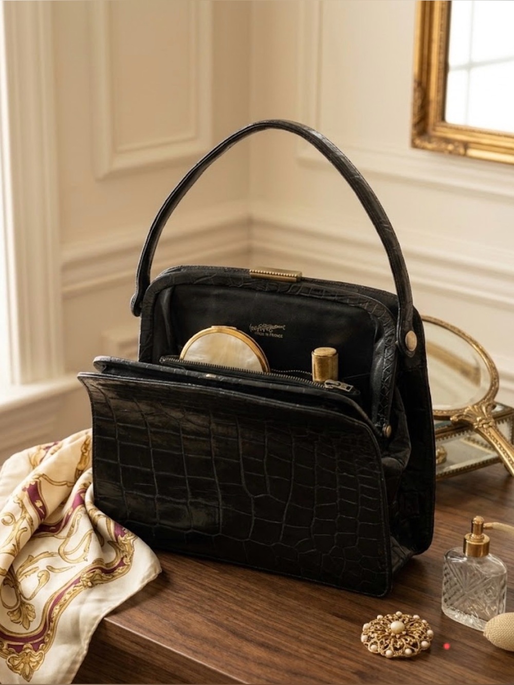 Vintage Mid Century Saks Avenue Fifth Structured Black Croc-Embossed Bag
